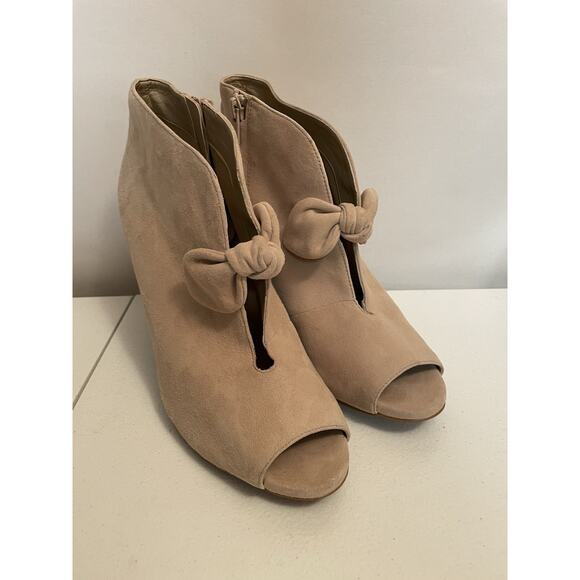 Michael KORS MK Pippa Tan Suede Leather Bow Peep-Toe Ankle Boots heels 9 women’s - Picture 1 of 16